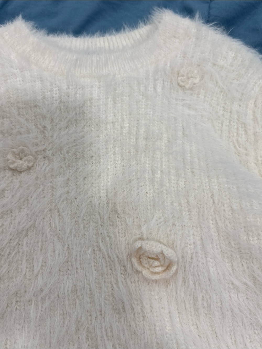 Zara Cream Fuzzy Crewneck Sweater with Floral Rosette Details - Picture 2 of 5